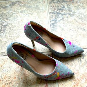 Beast fashion gray and splatter paint heels. Printed heels